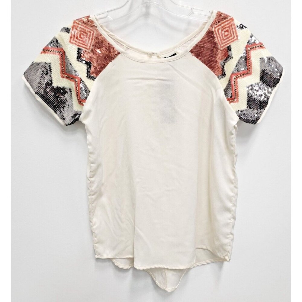 Quinn Womens BOHO Top Size Small Cream Sequined Short Sleeve Southwest NEW